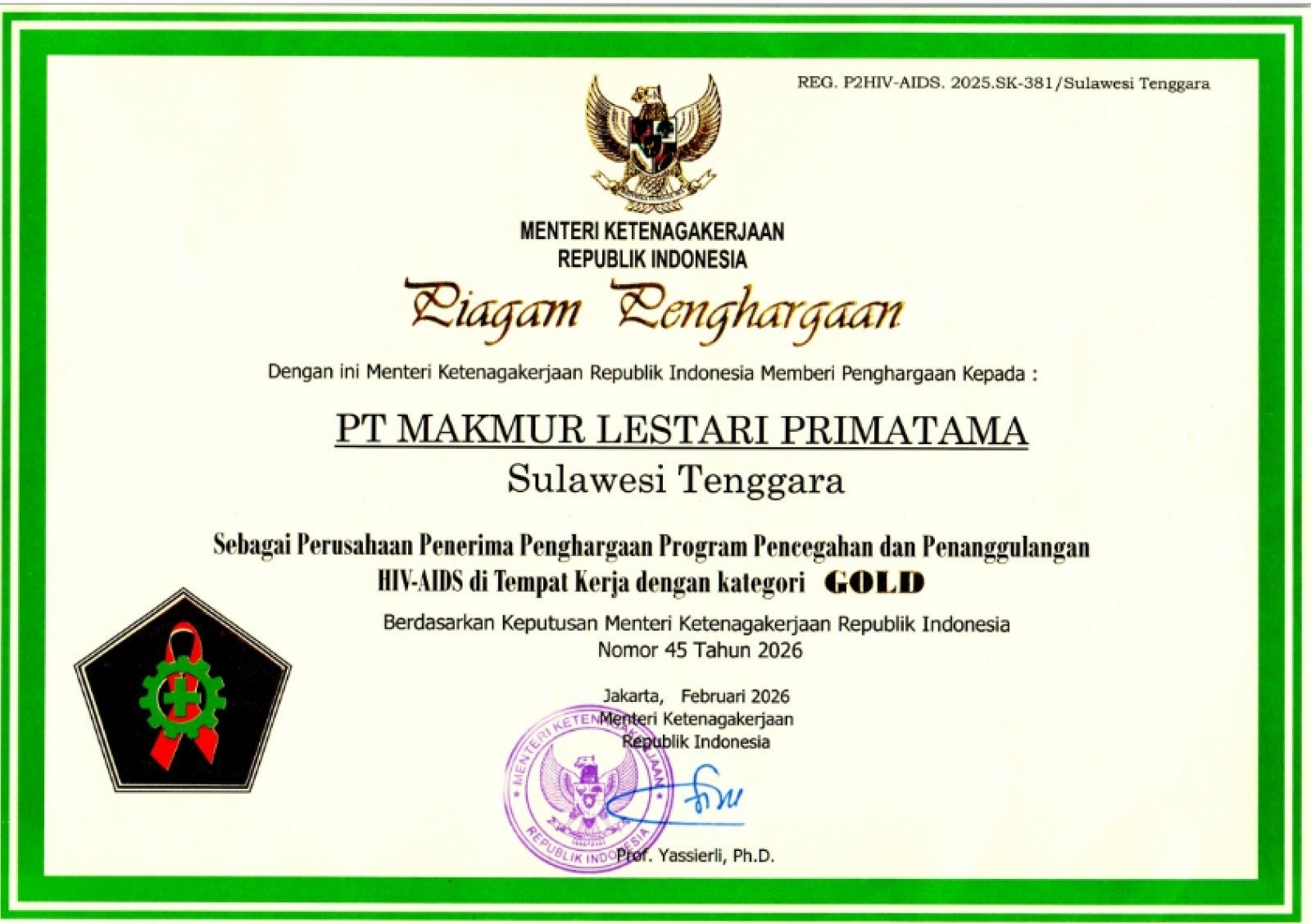 Komitmen Kesehatan Kerja, PT MLP Sabet Penghargaan Gold dari Kementerian Ketenagakerjaan atas Program Pencegahan HIV-AIDS
